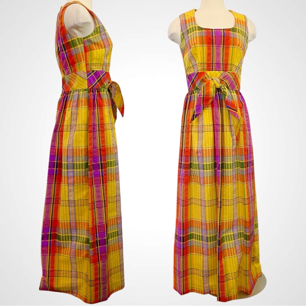 Vintage SWIRL Concept 70s Yellow Orange Madras Plaid Maxi Gown Long Column Dress - Picture 7 of 12